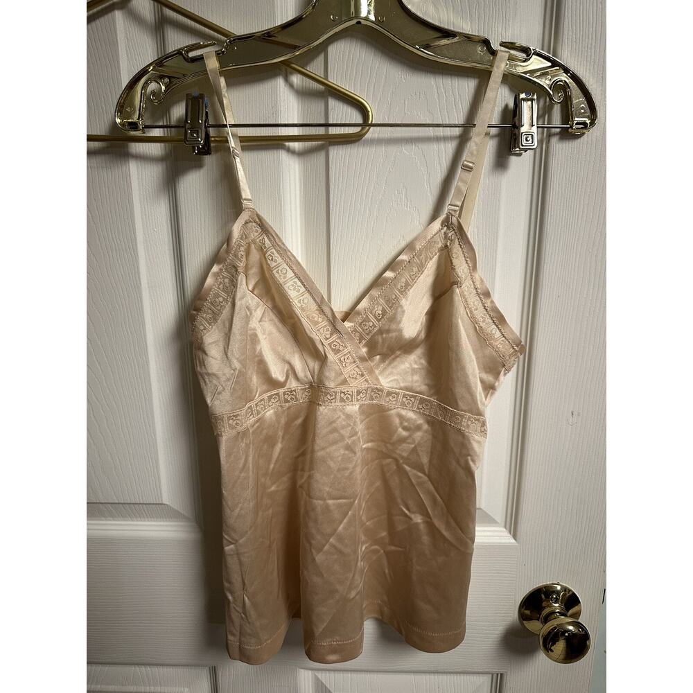 2 VNT Beige SLIP TOP CAMISOLE SILKY NYLON LACE LINGERIE Formfit 70s Med 34 Bust